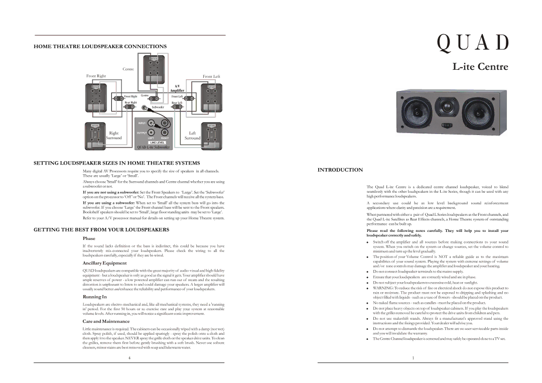 QUAD Speaker Home Theatre Loudspeaker Connections, Setting Loudspeaker Sizes in Home Theatre Systems, Introduction 