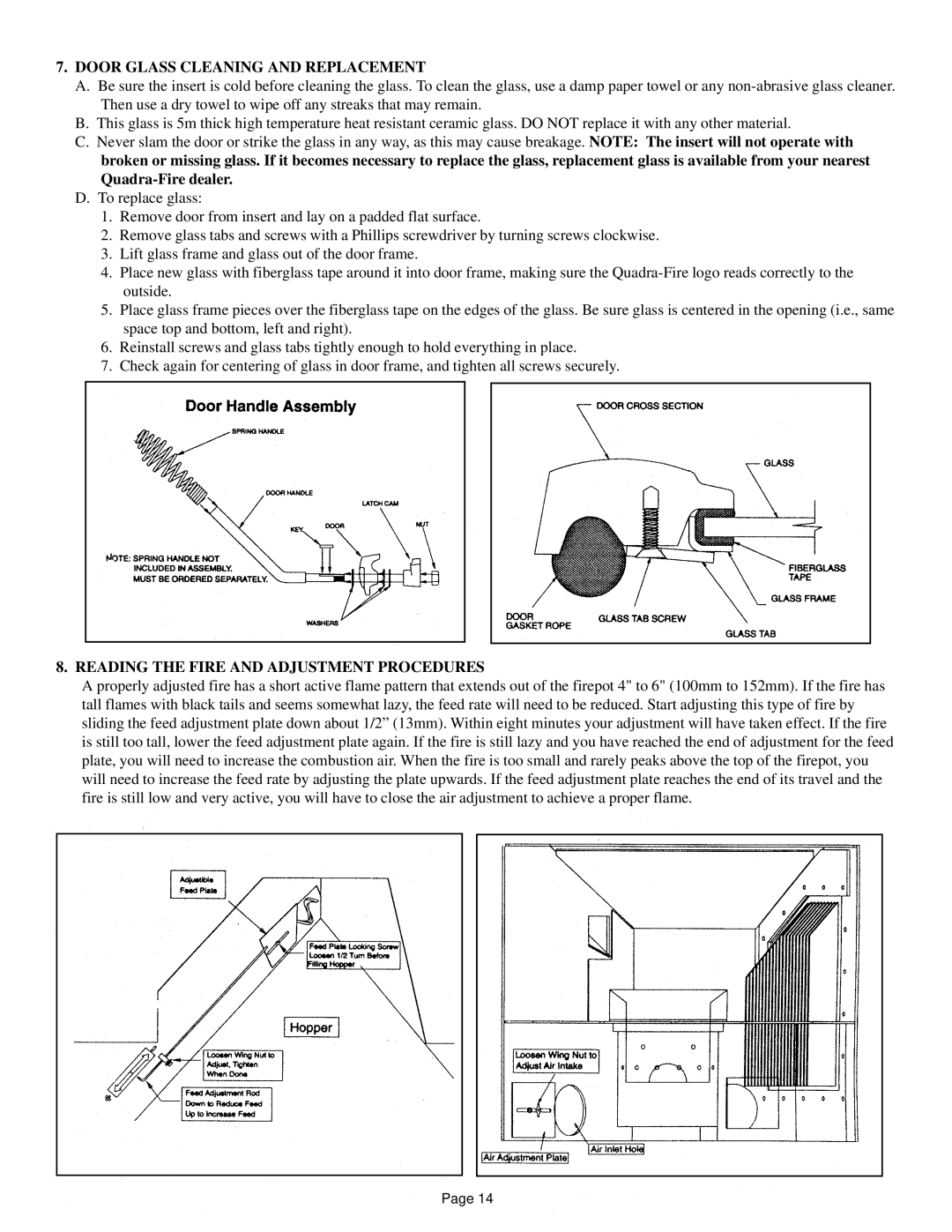 Quadra-Fire 1100-I owner manual Door Glass Cleaning and Replacement, Reading the Fire and Adjustment Procedures 