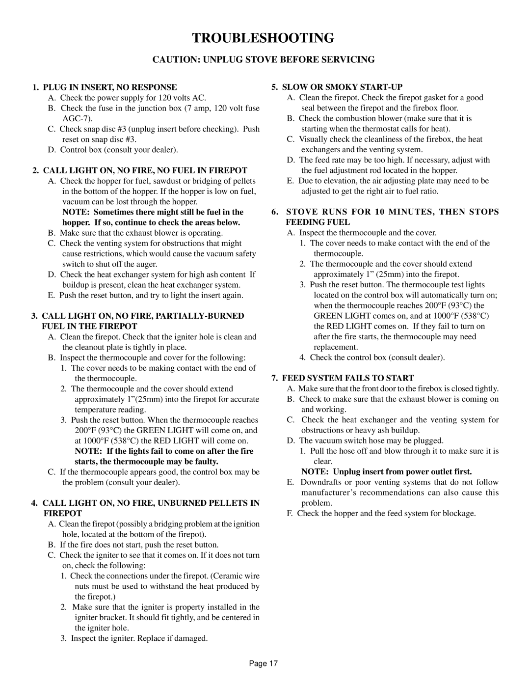 Quadra-Fire 1100-I owner manual Troubleshooting 