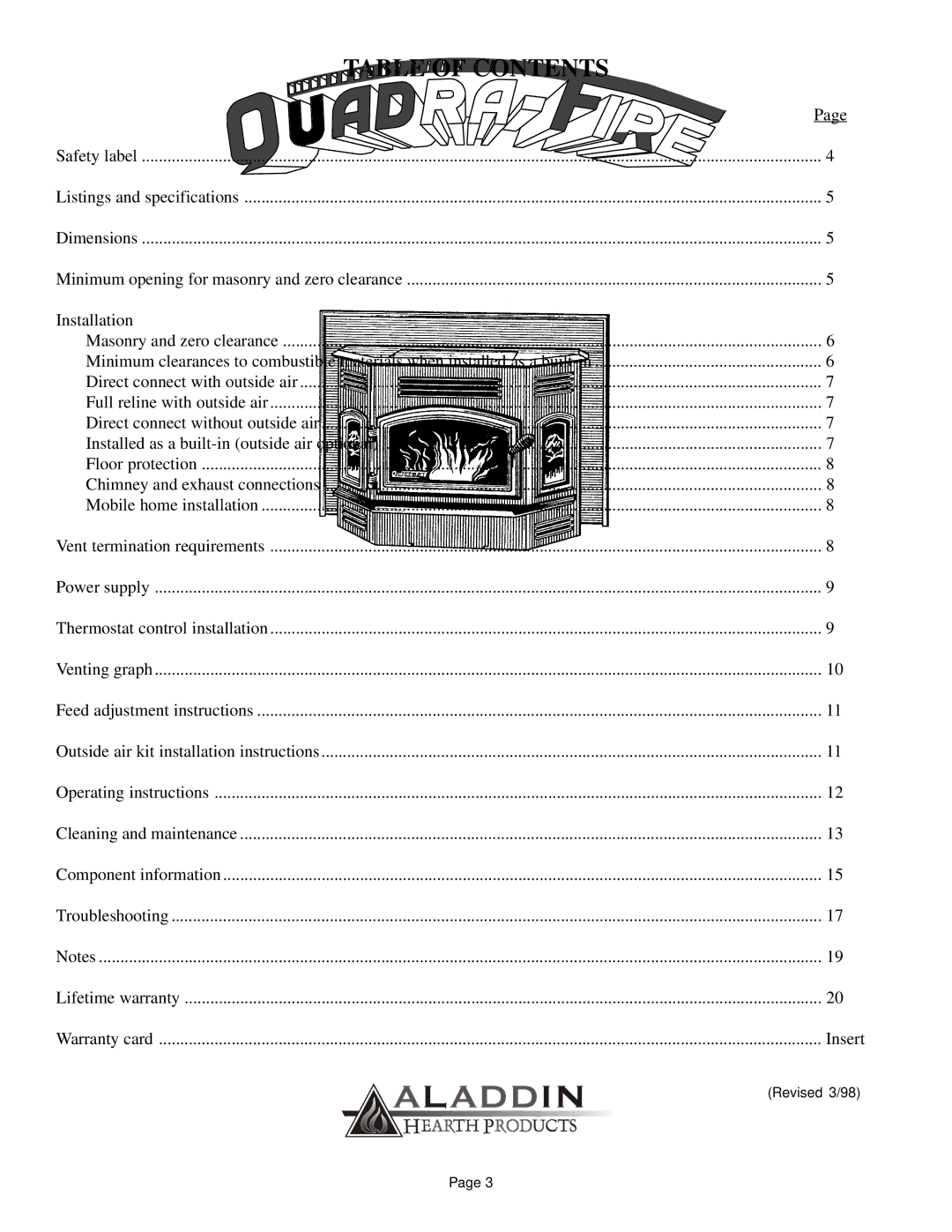 Quadra-Fire 1100-I owner manual Table of Contents 