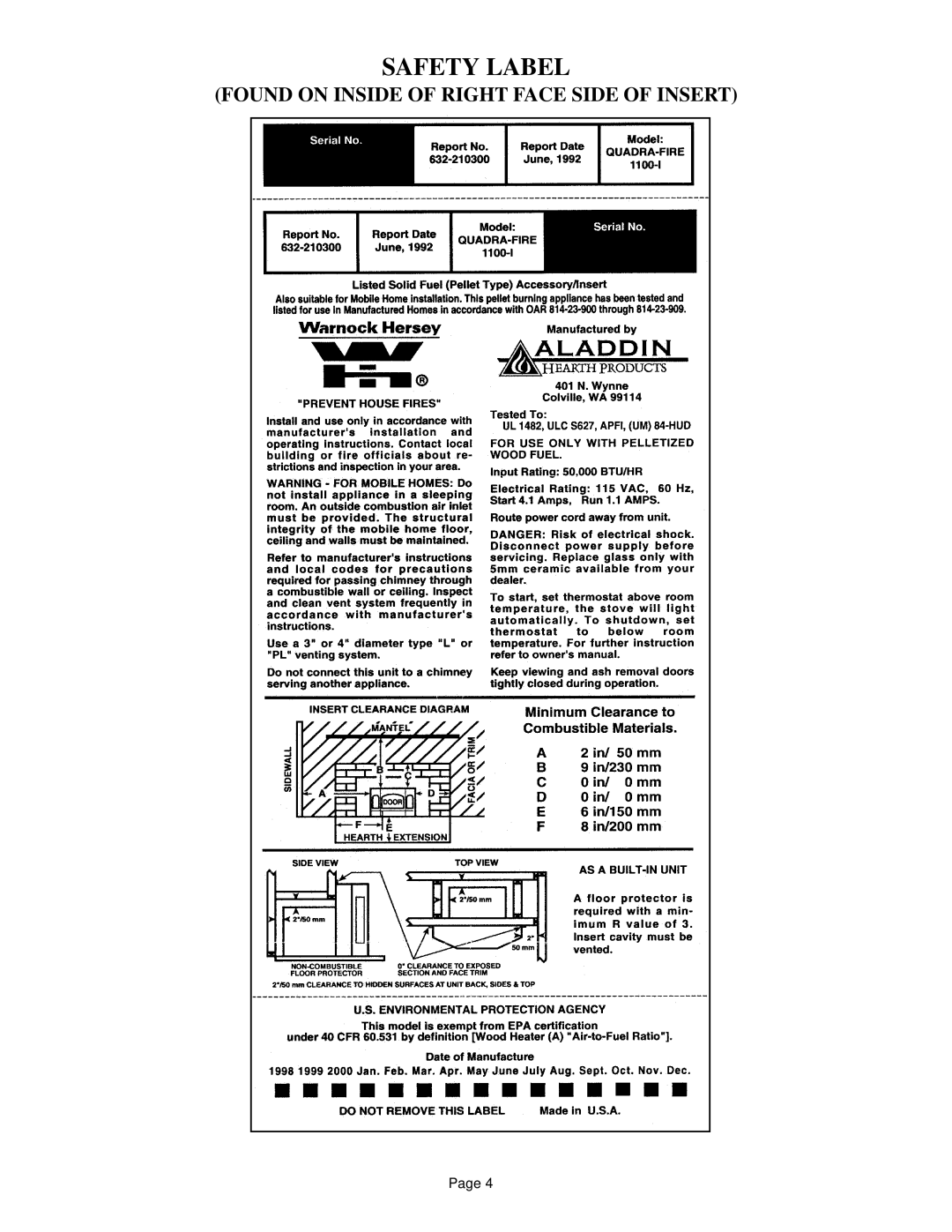 Quadra-Fire 1100-I owner manual Safety Label 