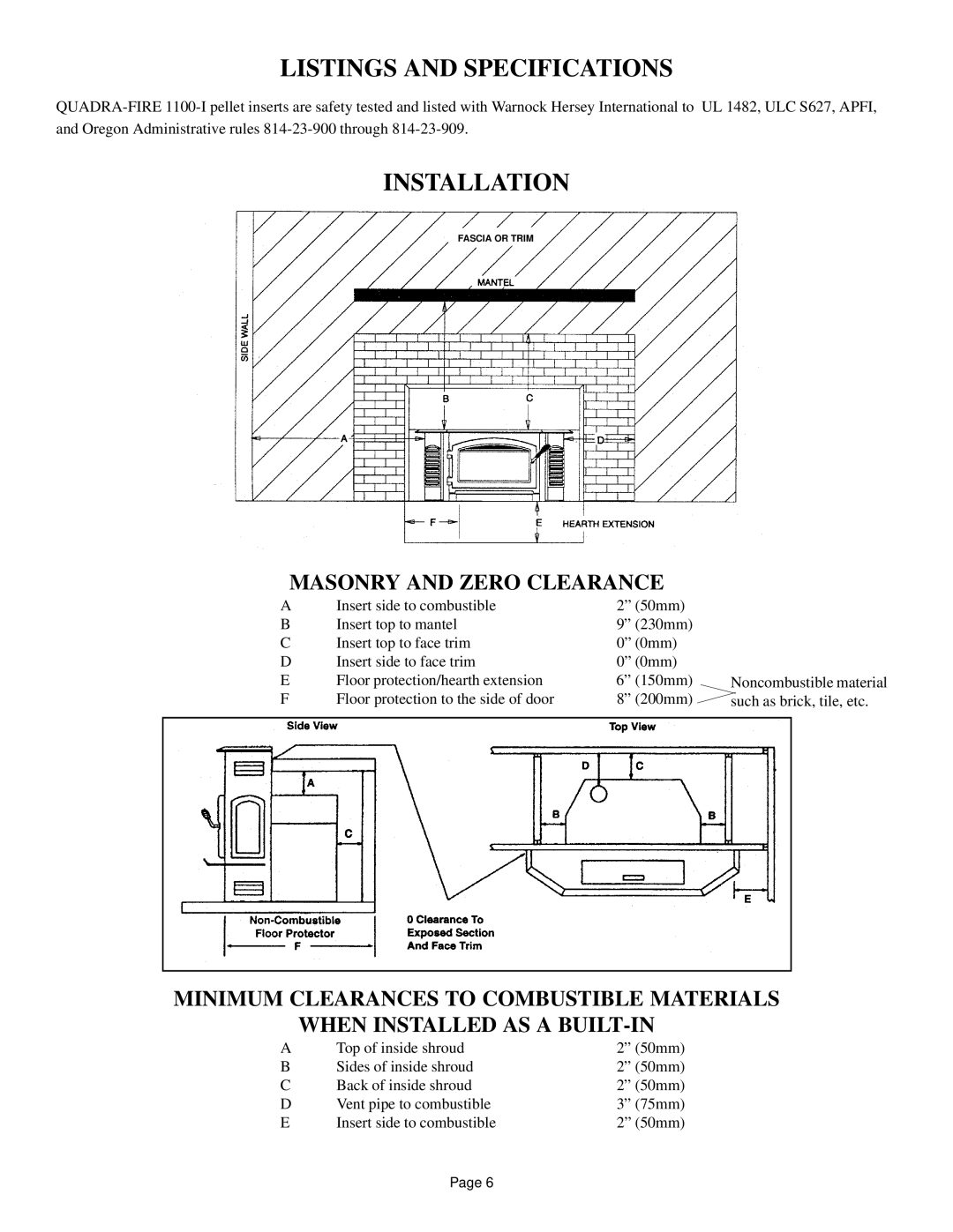 Quadra-Fire 1100-I owner manual Listings and Specifications, Installation 