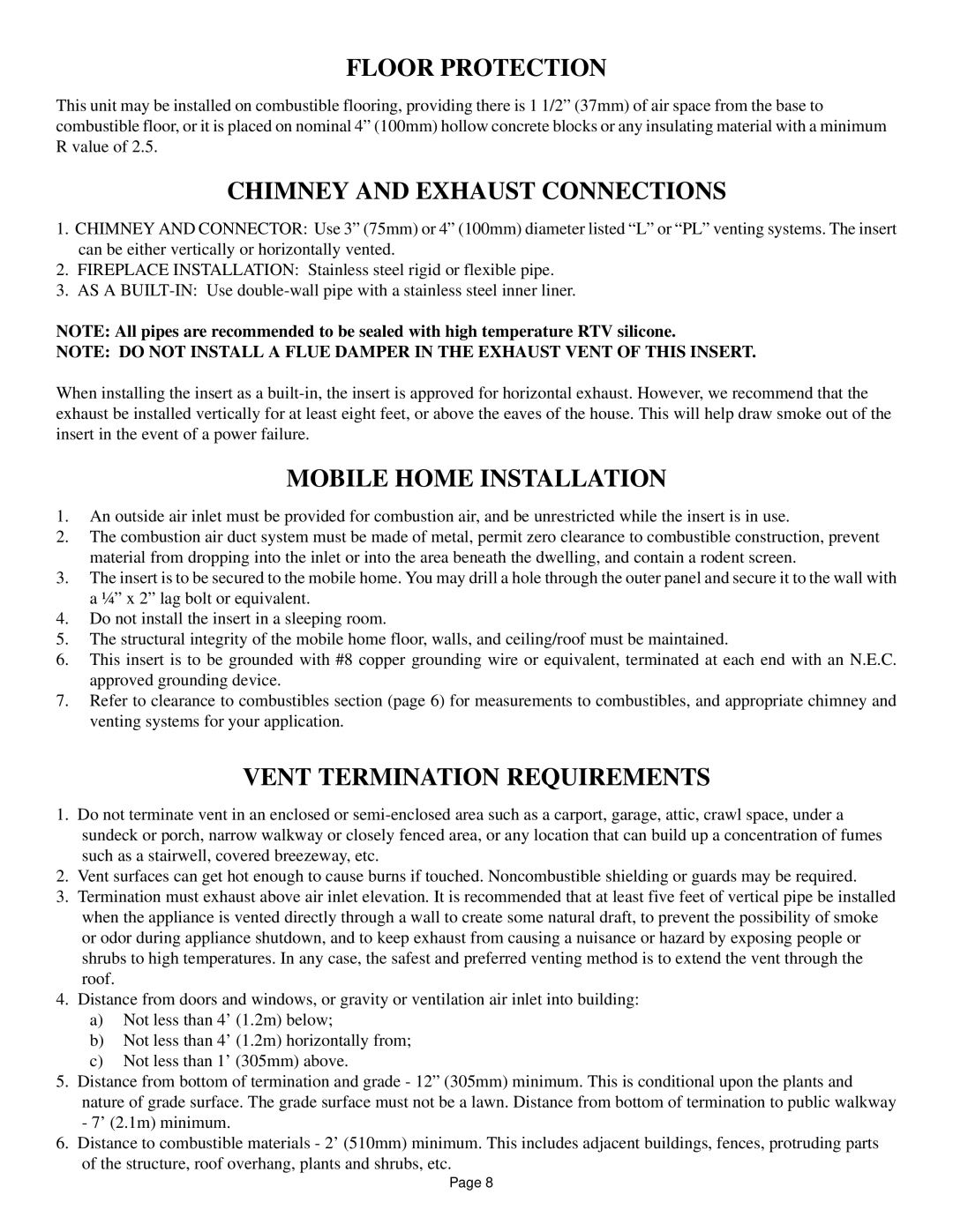 Quadra-Fire 1100-I owner manual Floor Protection, Chimney and Exhaust Connections, Mobile Home Installation 