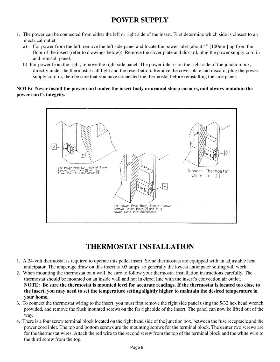 Quadra-Fire 1100-I owner manual Power Supply, Thermostat Installation 