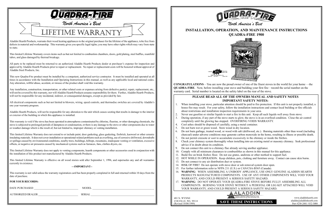 Quadra-Fire 1900 owner manual North America’s Best, Important Safety Notes 