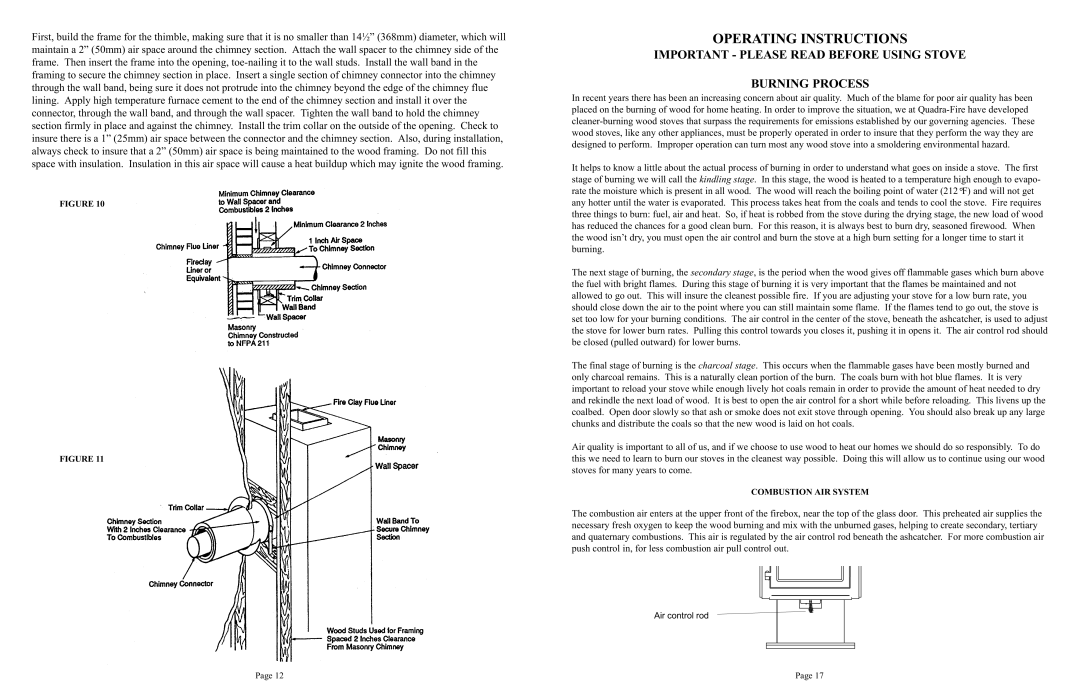 Quadra-Fire 1900 owner manual Operating Instructions, Important Please Read Before Using Stove Burning Process 