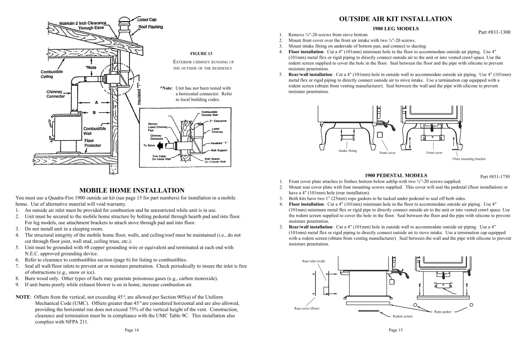 Quadra-Fire 1900 owner manual Mobile Home Installation, Outside AIR KIT Installation, LEG Models, Pedestal Models 