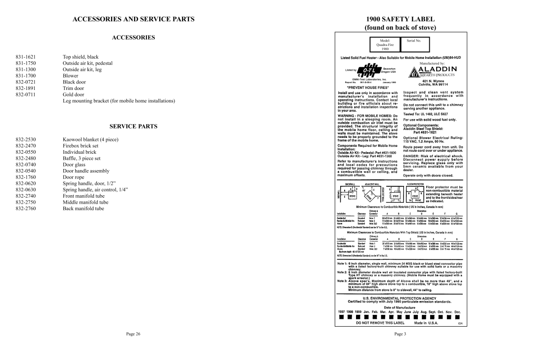 Quadra-Fire 1900 owner manual Accessories and Service Parts 