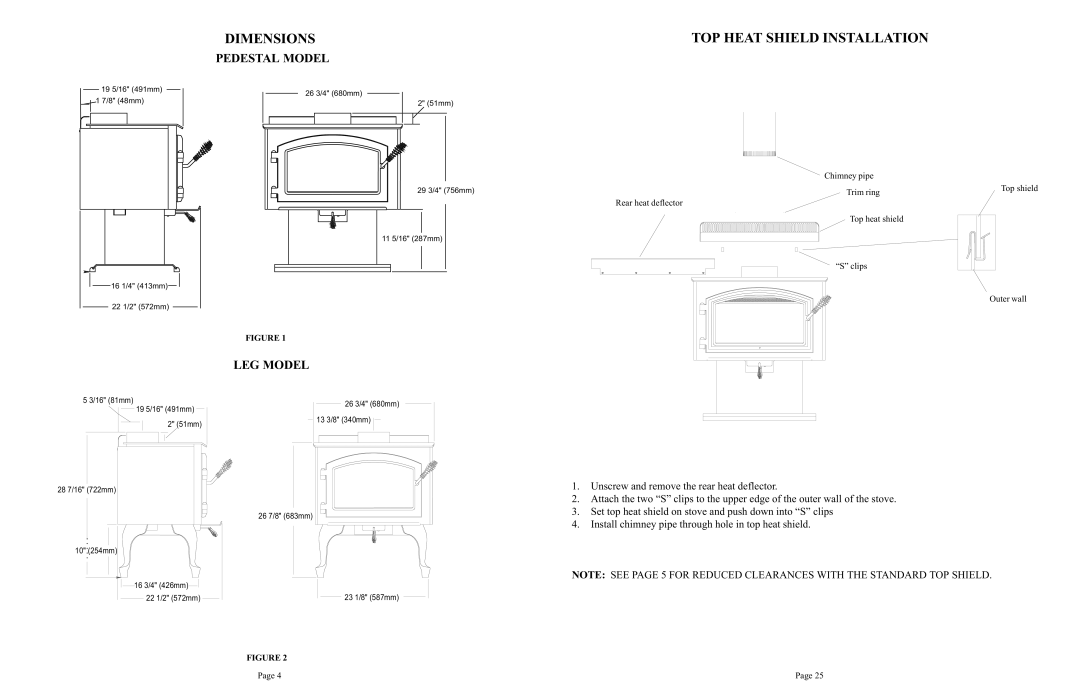 Quadra-Fire 1900 owner manual Dimensions, TOP Heat Shield Installation, Pedestal Model, LEG Model 