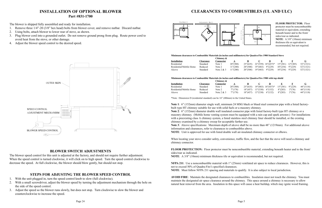 Quadra-Fire 1900 Installation of Optional Blower, Clearances to Combustibles UL and ULC, Blower Switch Adjustments 