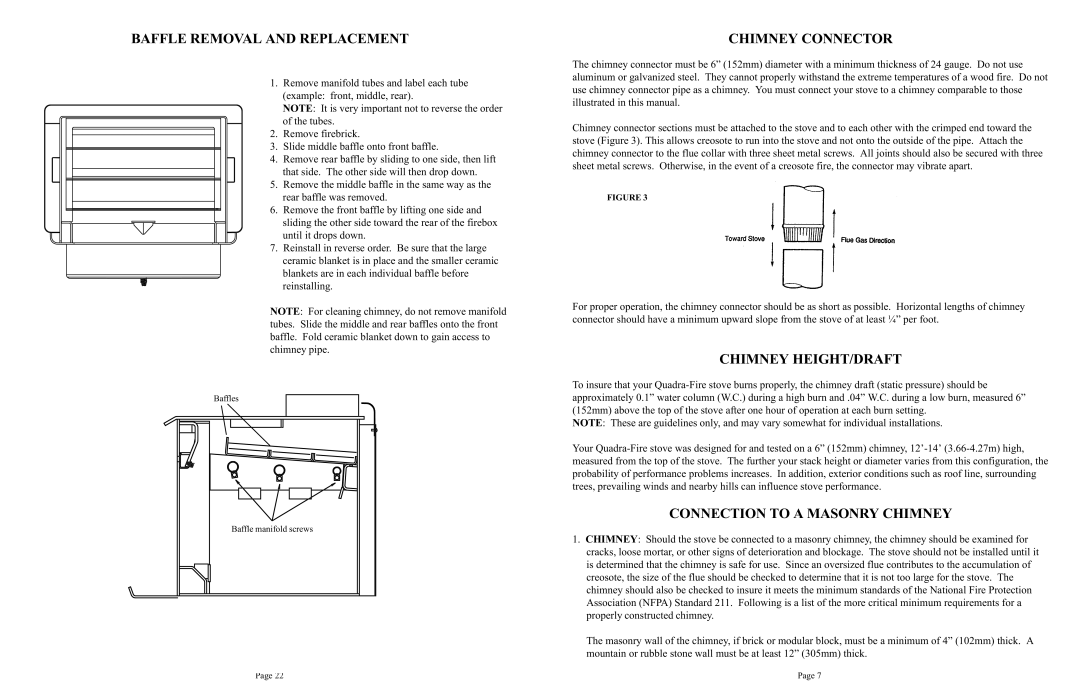 Quadra-Fire 1900 Baffle Removal and Replacement, Chimney Connector, Chimney HEIGHT/DRAFT, Connection to a Masonry Chimney 