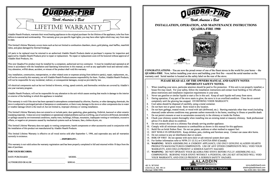 Quadra-Fire owner manual QUADRA-FIRE1900, North America’s Best, Save These Instructions 