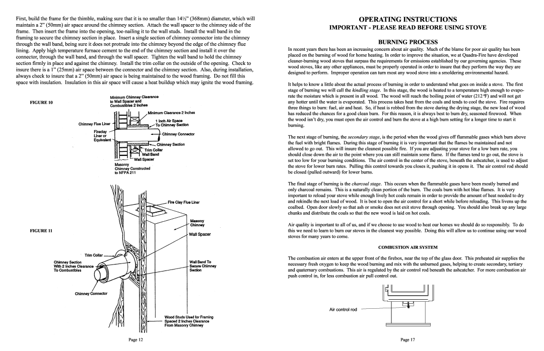 Quadra-Fire 1900 owner manual Operating Instructions, Important - Please Read Before Using Stove, Burning Process 