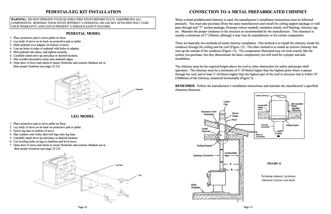 Quadra-Fire 1900 Pedestal/Leg Kit Installation, Connection To A Metal Prefabricated Chimney, Pedestal Model, Leg Model 