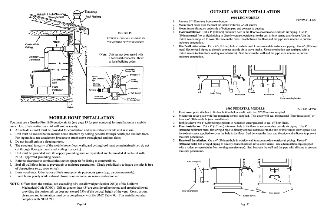 Quadra-Fire 1900 owner manual Mobile Home Installation, Outside Air Kit Installation 