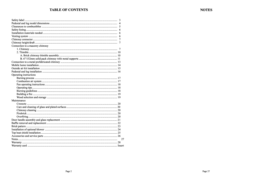 Quadra-Fire 1900 owner manual Table Of Contents 