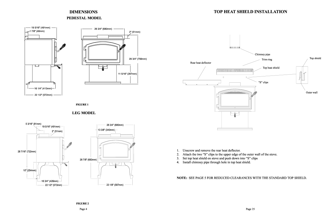 Quadra-Fire 1900 owner manual Dimensions, Top Heat Shield Installation, Pedestal Model, Leg Model 