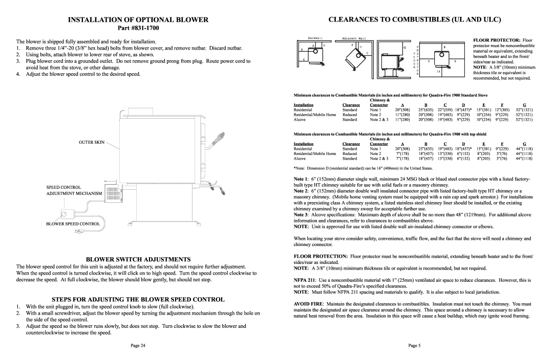 Quadra-Fire 1900 owner manual Installation Of Optional Blower, Clearances To Combustibles Ul And Ulc, 831-1700 