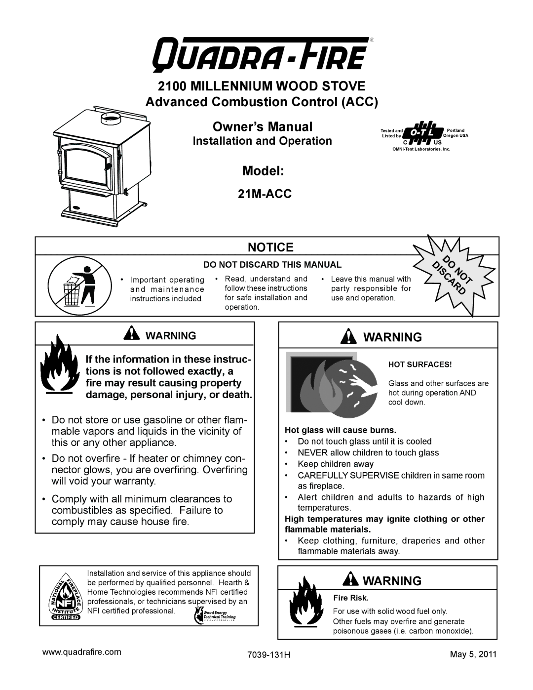 Quadra-Fire 21M-ACC owner manual Hot glass will cause burns, 7039-131H May 5 