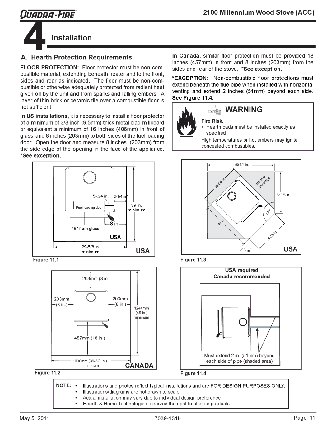 Quadra-Fire 21M-ACC owner manual InstallationR, Hearth Protection Requirements, See Figure, USA required Canada recommended 