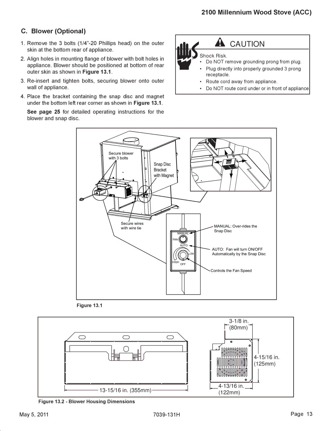 Quadra-Fire 21M-ACC owner manual Blower Optional, 13-15/16 in mm 