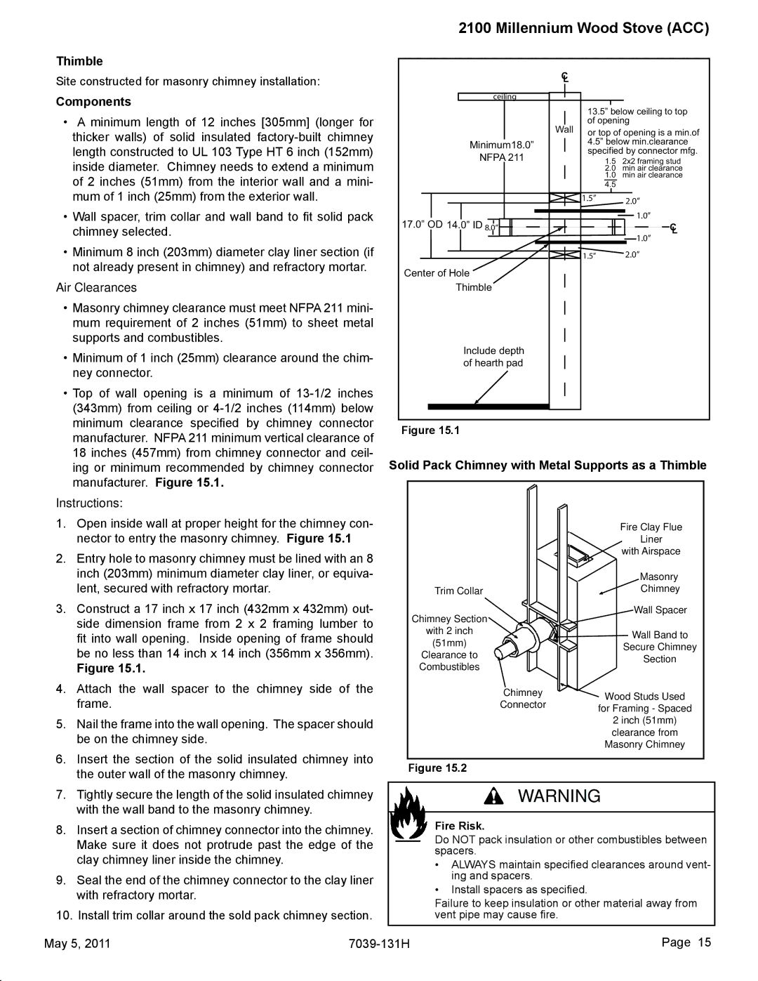 Quadra-Fire 21M-ACC Components, Air Clearances, Instructions, Solid Pack Chimney with Metal Supports as a Thimble 