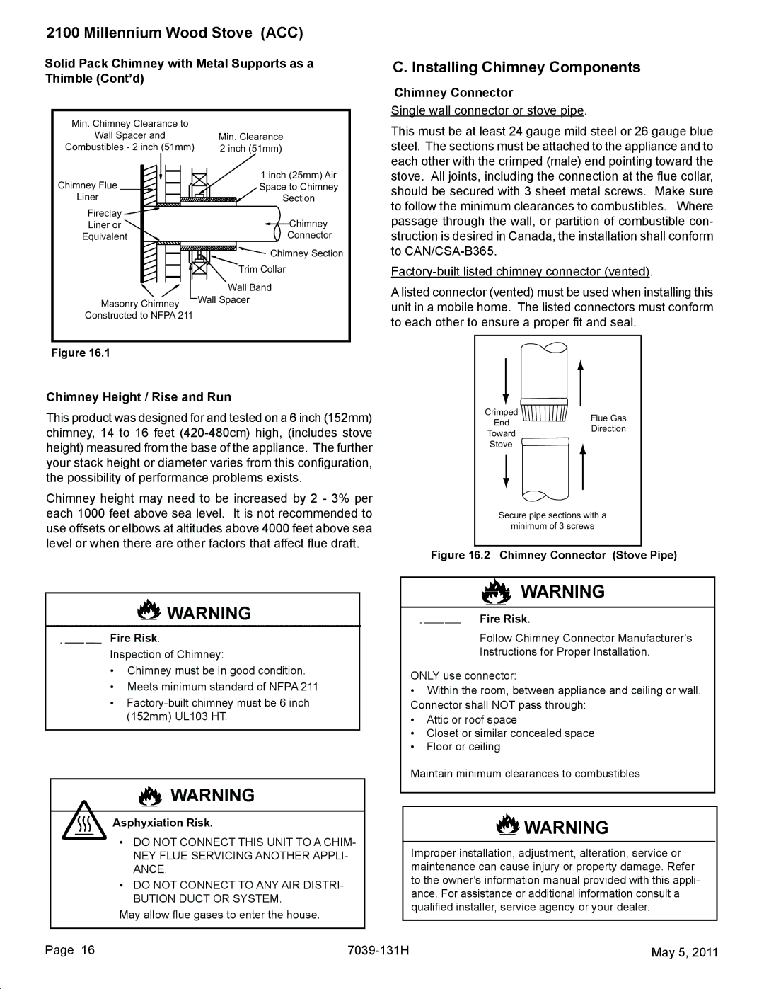 Quadra-Fire 21M-ACC owner manual Installing Chimney Components, Solid Pack Chimney with Metal Supports as a Thimble Cont’d 