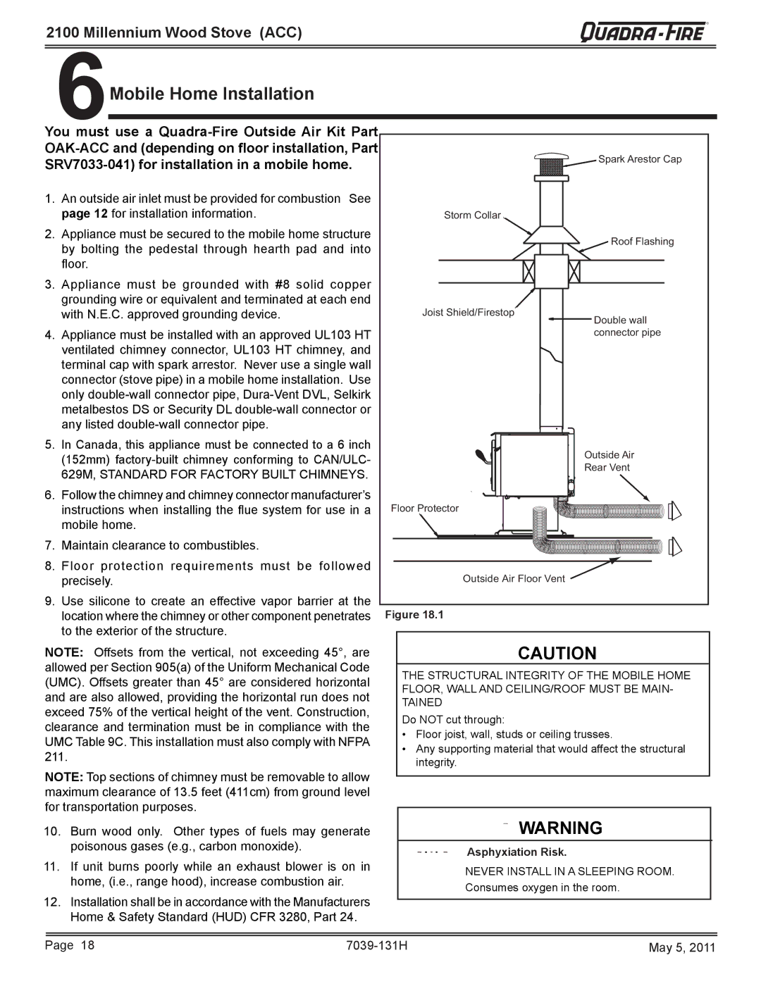 Quadra-Fire 21M-ACC owner manual Mobile Home Installation 