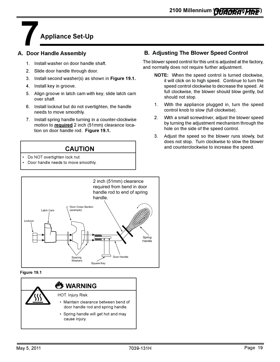 Quadra-Fire 21M-ACC owner manual Appliance Set-Up, Door Handle Assembly Adjusting The Blower Speed Control 