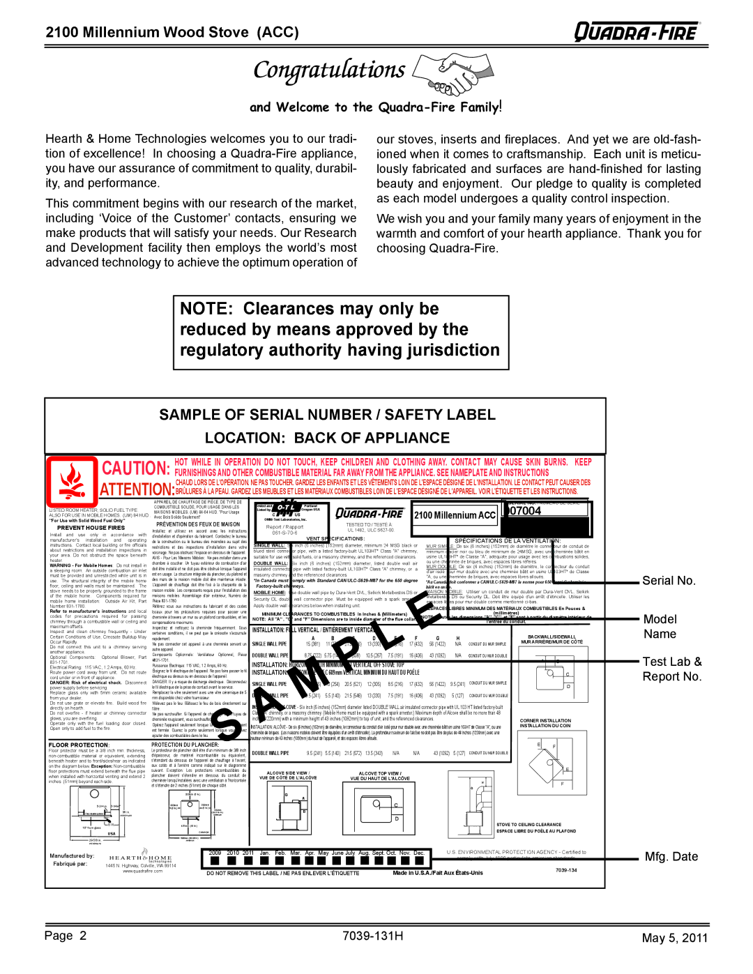 Quadra-Fire 21M-ACC Millennium Wood Stove ACC, Serial No Model Name Test Lab & Report No, Mfg. Date 7039-131H May 5 