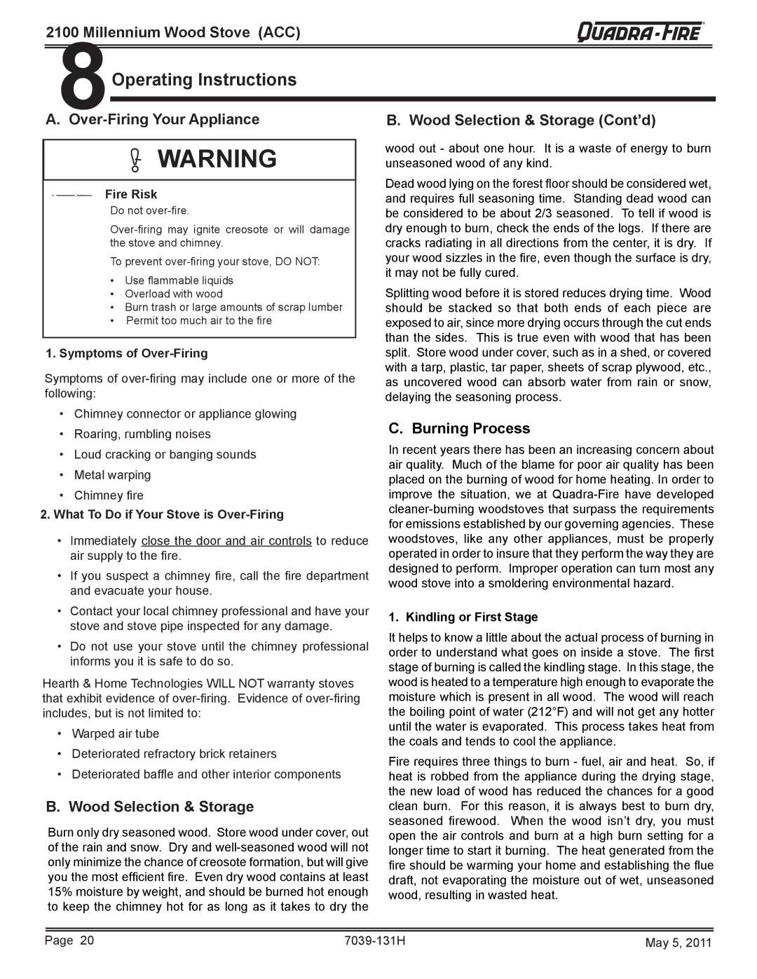 Quadra-Fire 21M-ACC Operating Instructions, Over-Firing Your Appliance Wood Selection & Storage Cont’d, Burning Process 