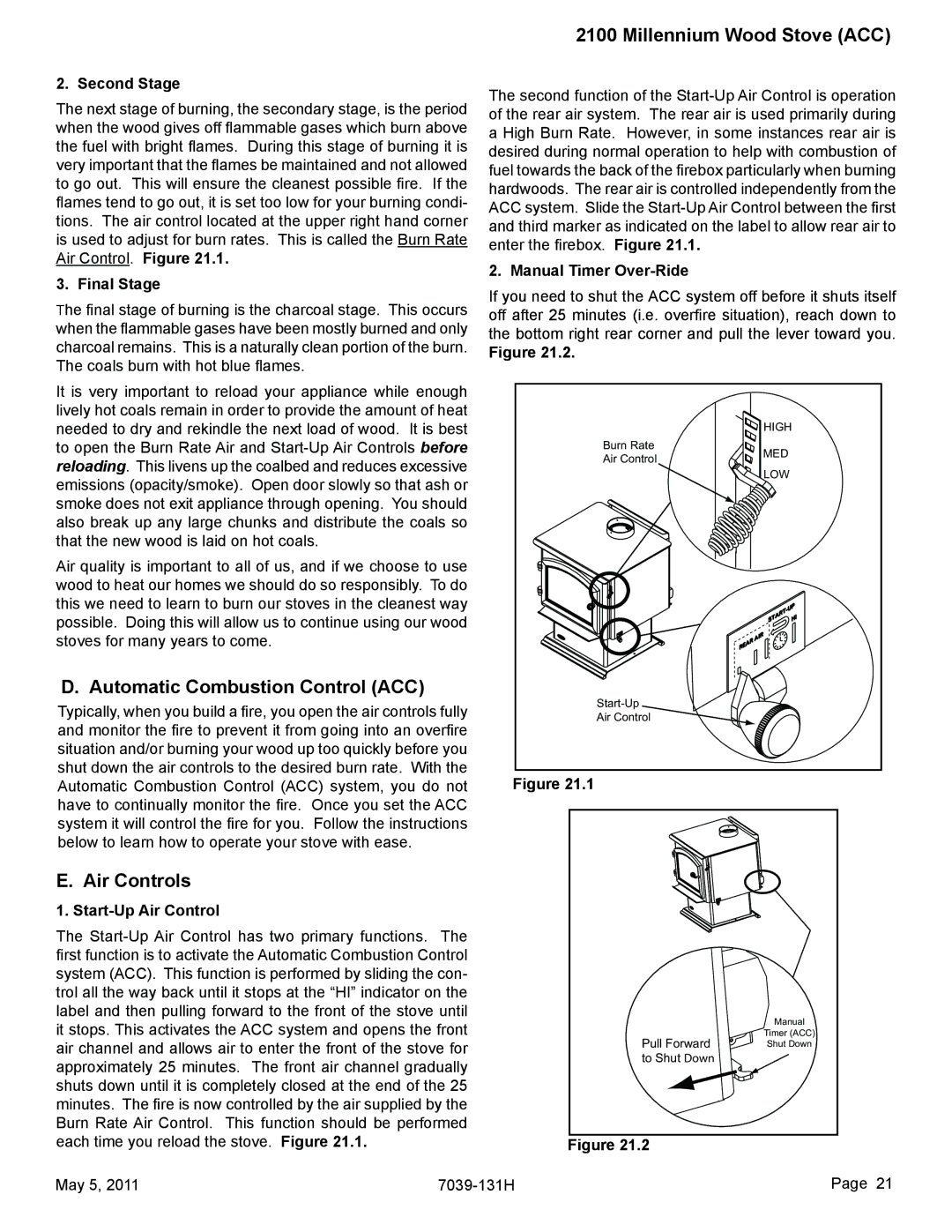 Quadra-Fire 21M-ACC owner manual Automatic Combustion Control ACC, Air Controls 