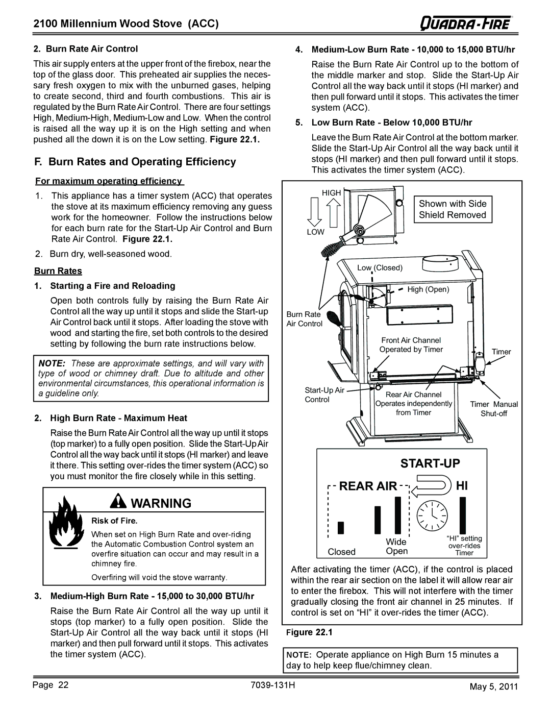 Quadra-Fire 21M-ACC owner manual Burn Rates and Operating Efficiency 