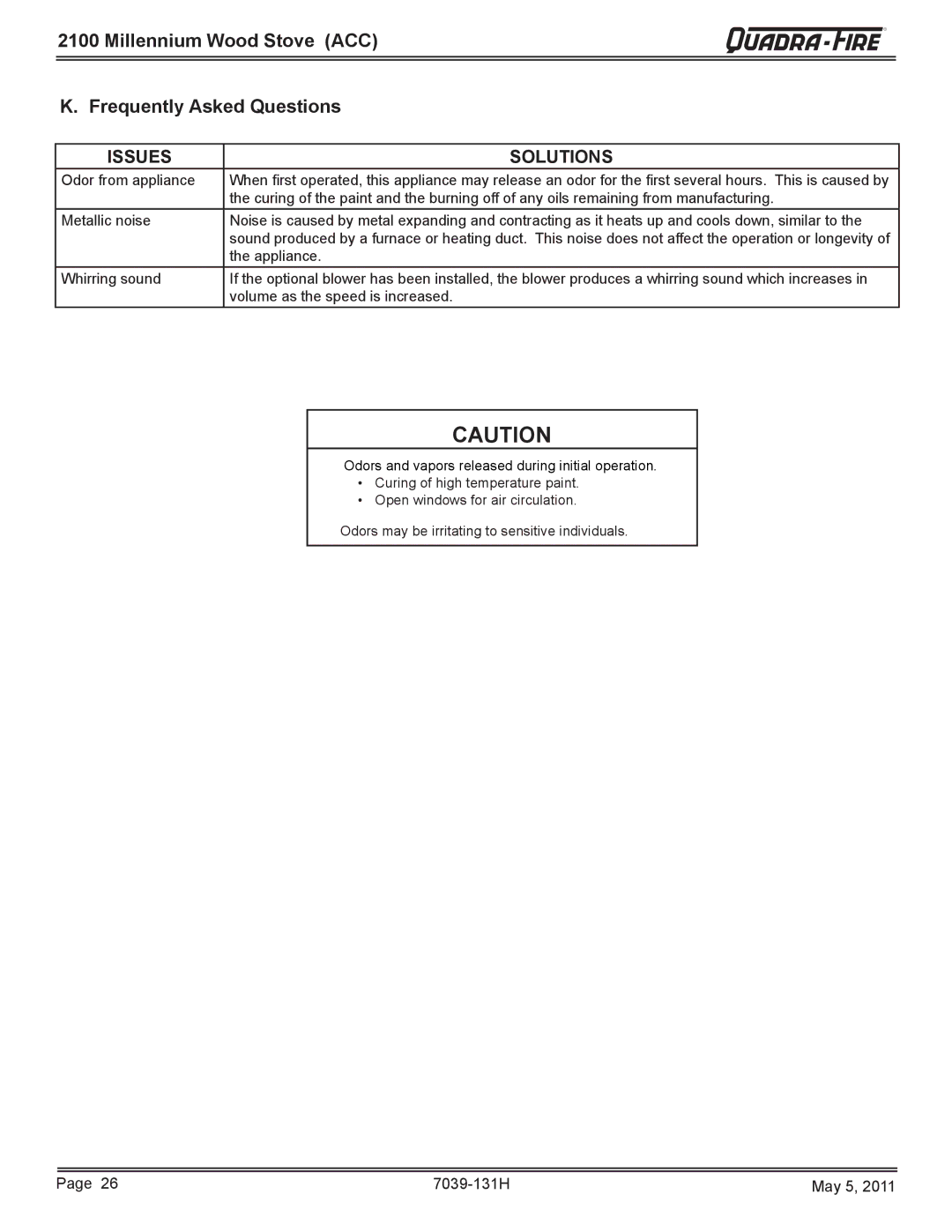 Quadra-Fire 21M-ACC owner manual Millennium Wood Stove ACC Frequently Asked Questions, Odor from appliance, Appliance 