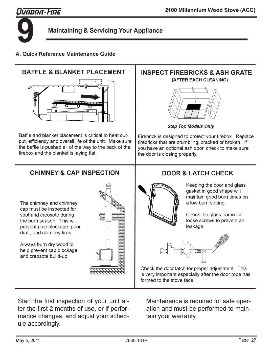 Quadra-Fire 21M-ACC owner manual Maintaining & Servicing Your Appliance, Quick Reference Maintenance Guide 