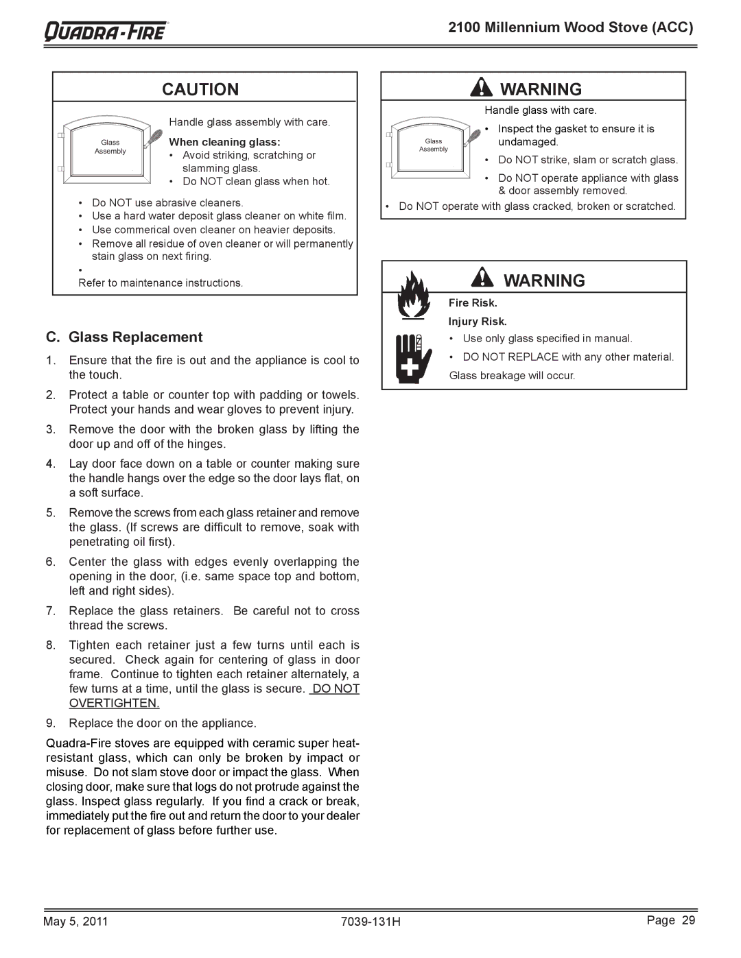 Quadra-Fire 21M-ACC owner manual Glass Replacement, When cleaning glass 