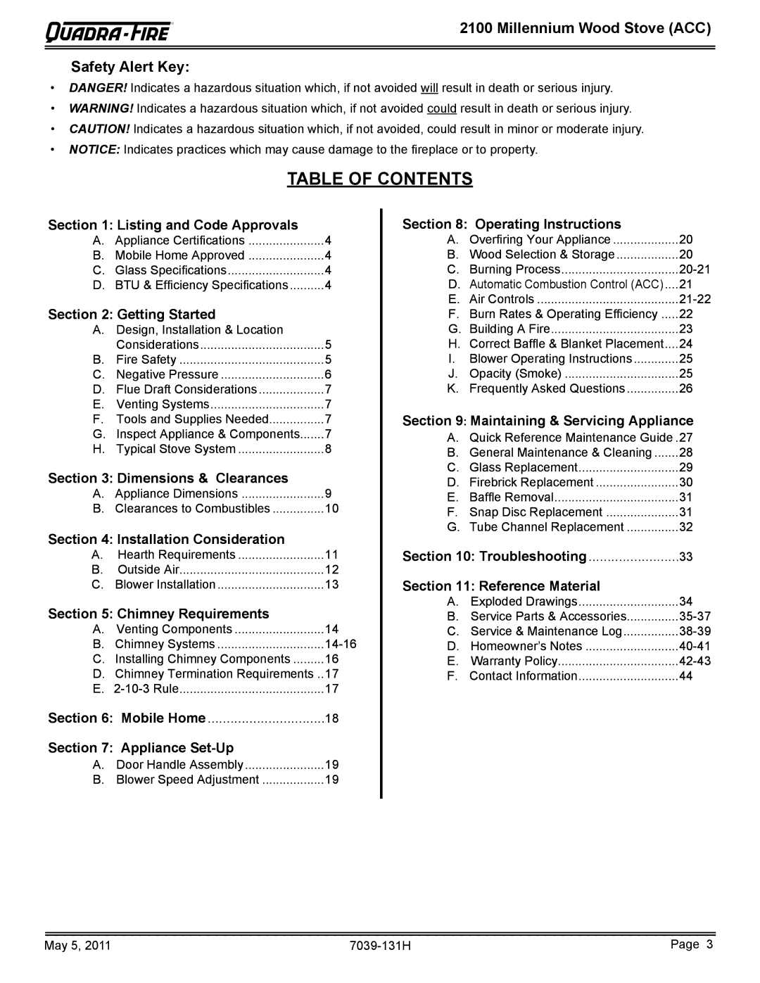 Quadra-Fire 21M-ACC owner manual Table of Contents 