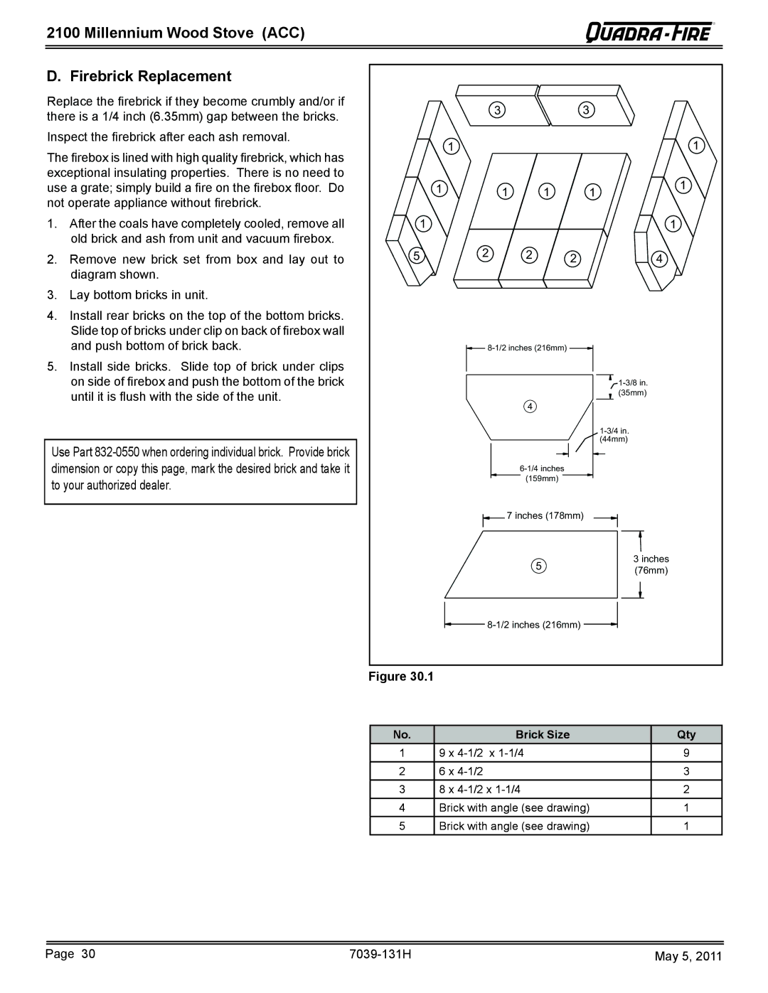 Quadra-Fire 21M-ACC owner manual Millennium Wood Stove ACC Firebrick Replacement, To your authorized dealer 