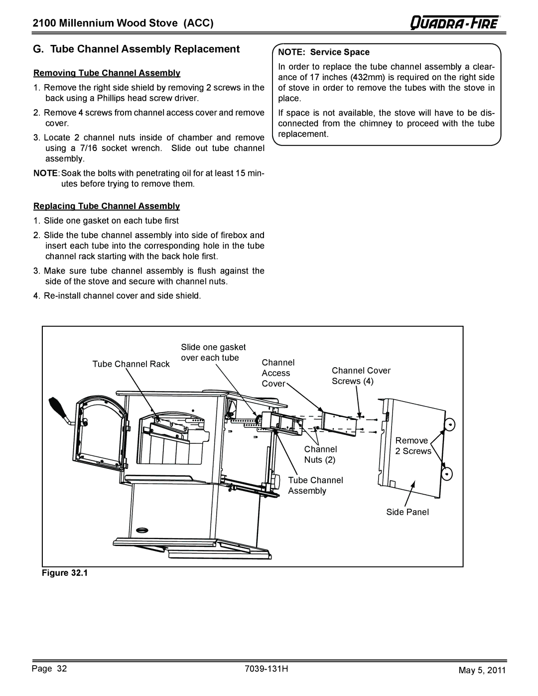 Quadra-Fire 21M-ACC Millennium Wood Stove ACC Tube Channel Assembly Replacement, Removing Tube Channel Assembly 