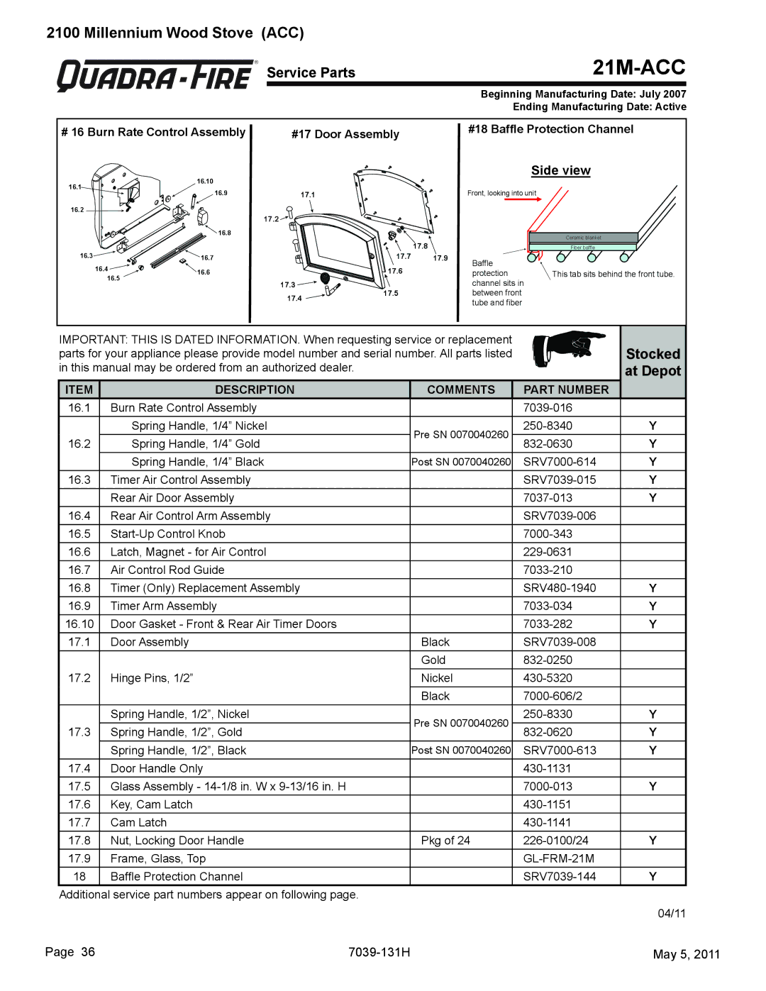 Quadra-Fire 21M-ACC owner manual Stocked 