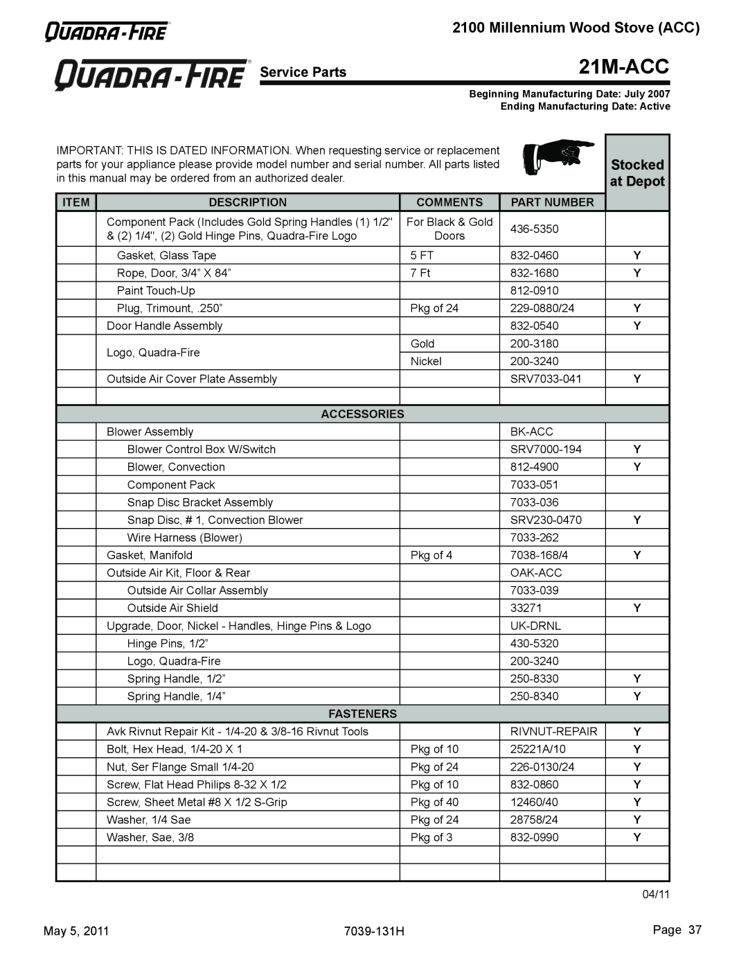 Quadra-Fire 21M-ACC owner manual 