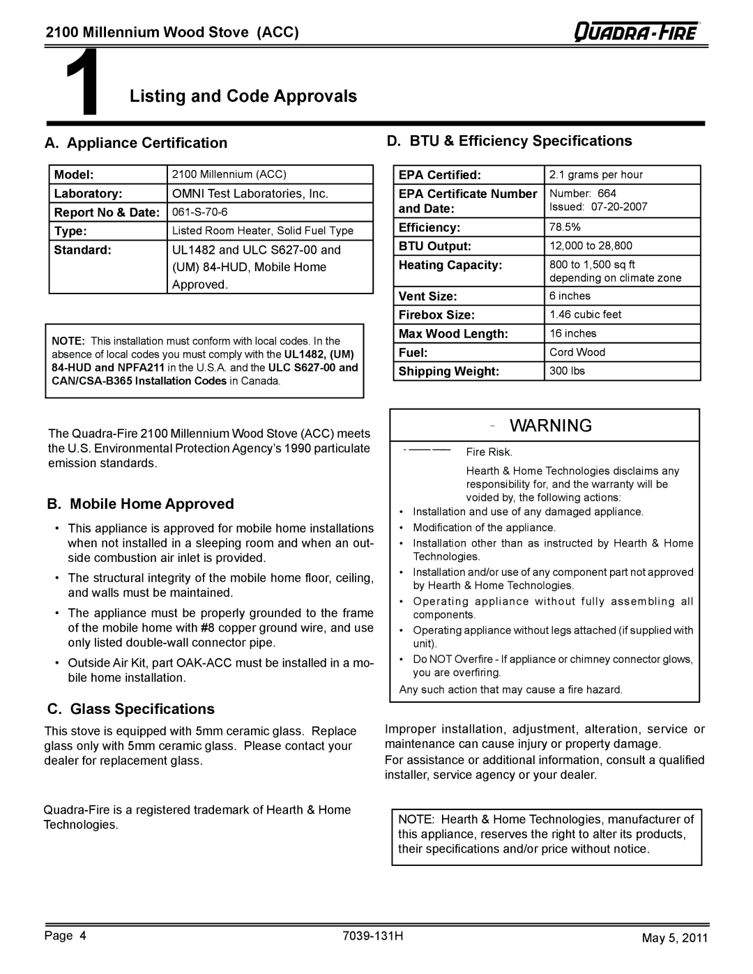 Quadra-Fire 21M-ACC owner manual Listing and Code Approvals, Appliance Certification BTU & Efficiency Specifications 