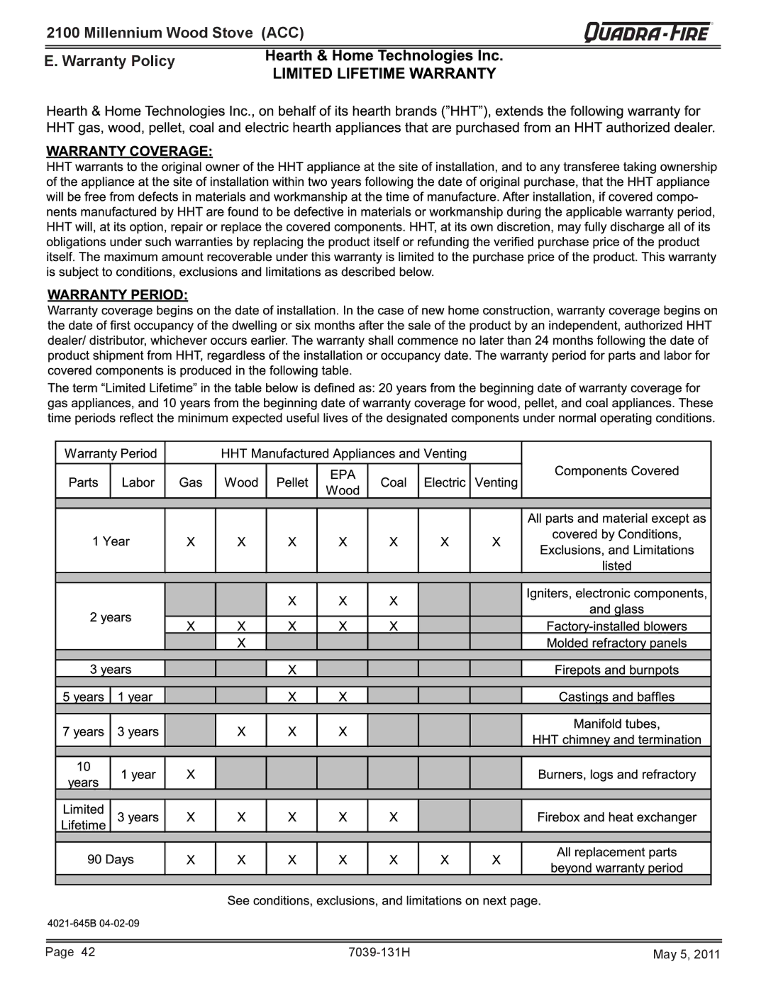 Quadra-Fire 21M-ACC owner manual Millennium Wood Stove ACC Warranty Policy 