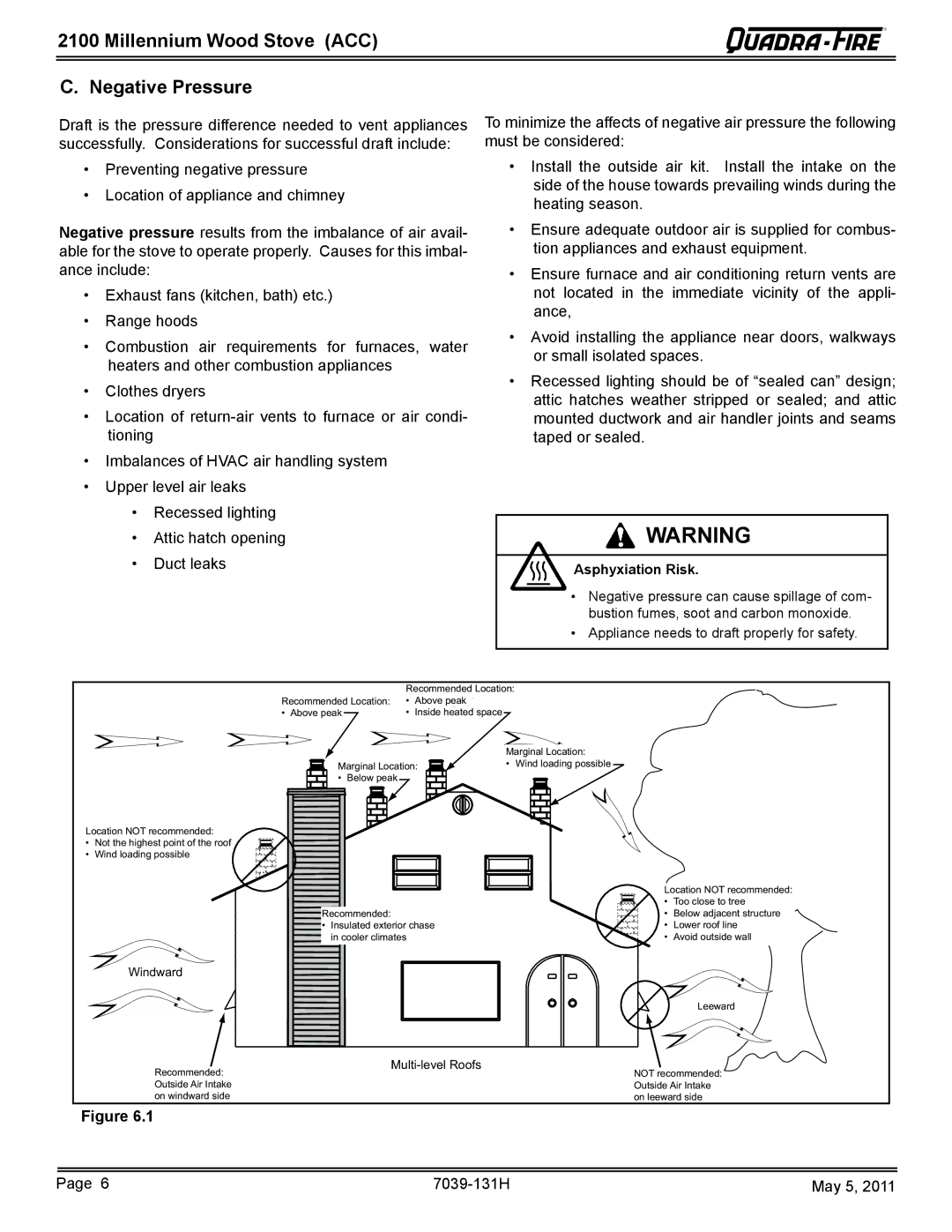 Quadra-Fire 21M-ACC owner manual Millennium Wood Stove ACC Negative Pressure, Appliance needs to draft properly for safety 