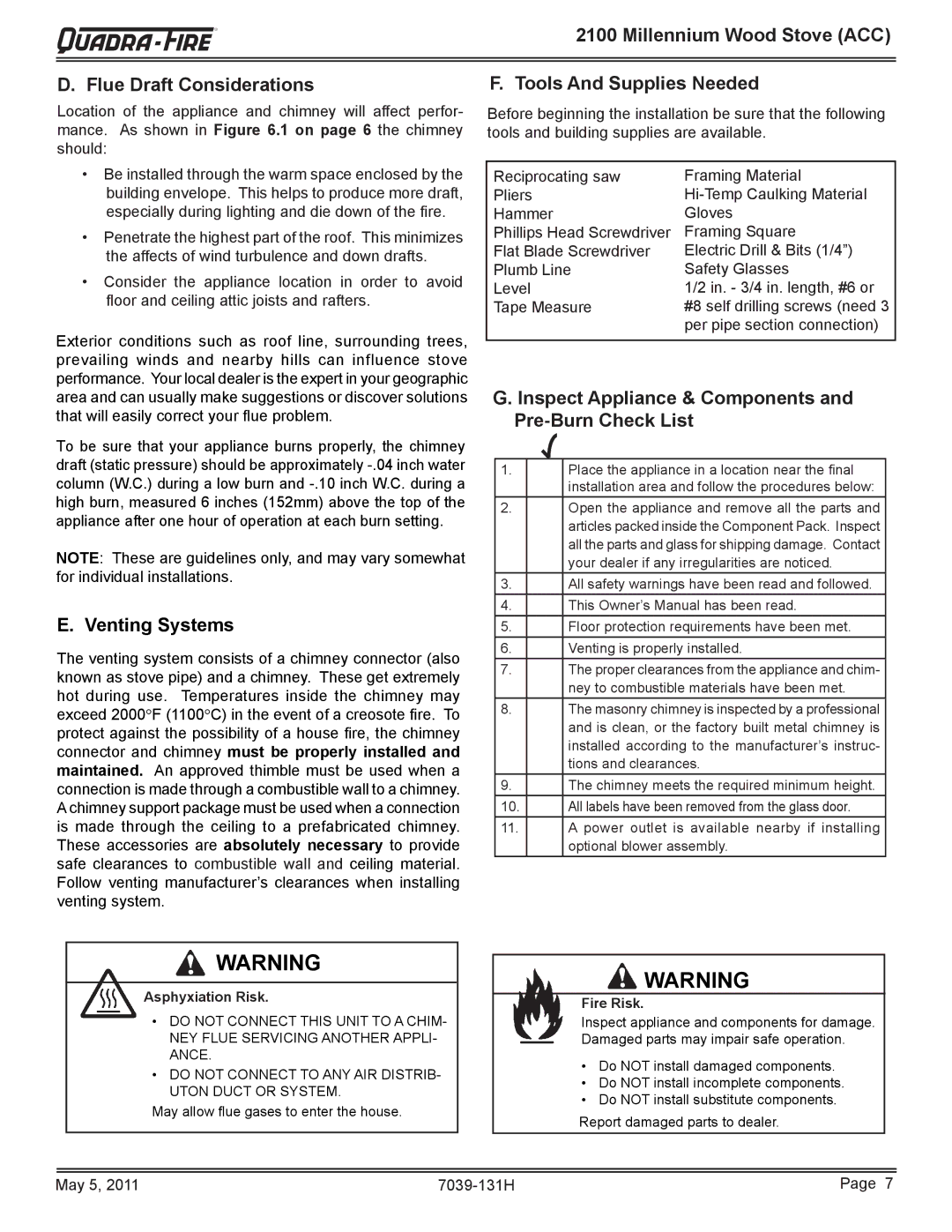 Quadra-Fire 21M-ACC Millennium Wood Stove ACC Flue Draft Considerations, Venting Systems, Tools And Supplies Needed 