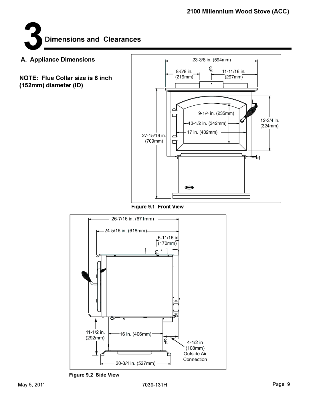 Quadra-Fire 21M-ACC owner manual Dimensions and Clearances, Appliance Dimensions 