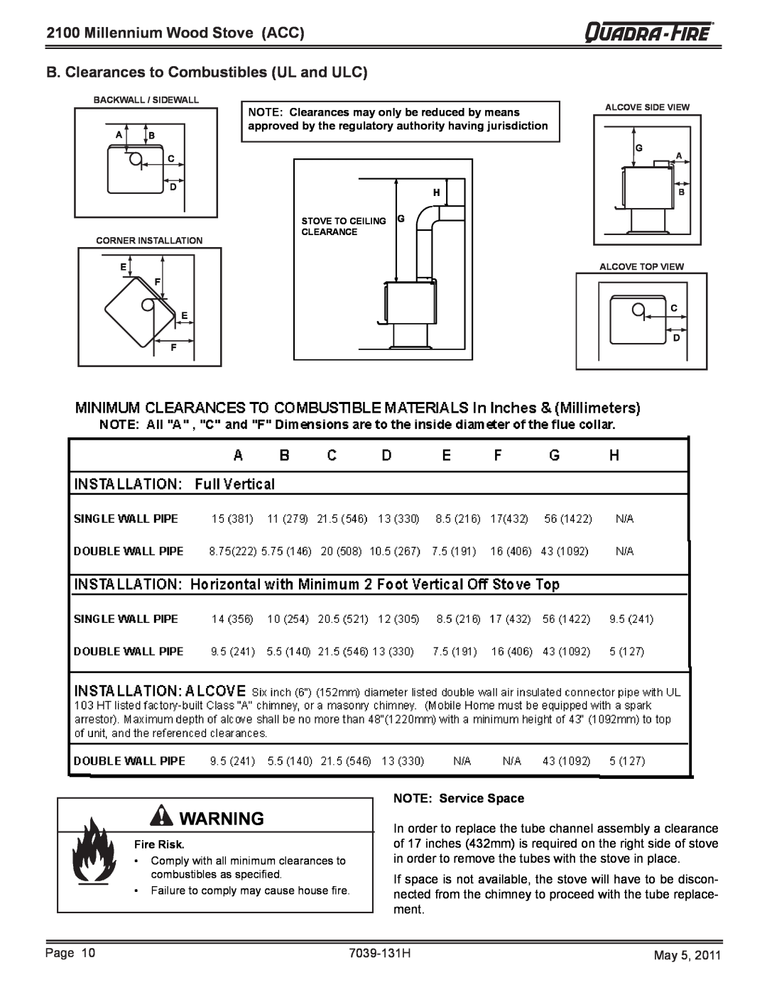Quadra-Fire 21M-ACC owner manual Millennium Wood Stove ACC, B. Clearances to Combustibles UL and ULC, NOTE Service Space 