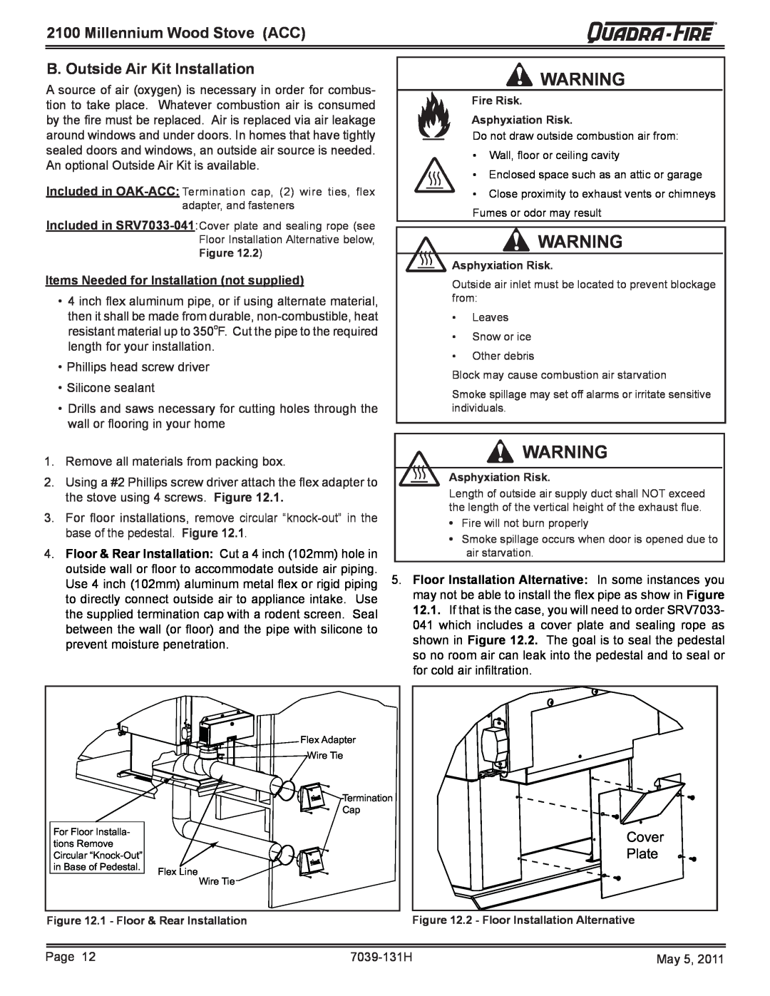 Quadra-Fire 21M-ACC owner manual Millennium Wood Stove ACC, B. Outside Air Kit Installation, Cover Plate 