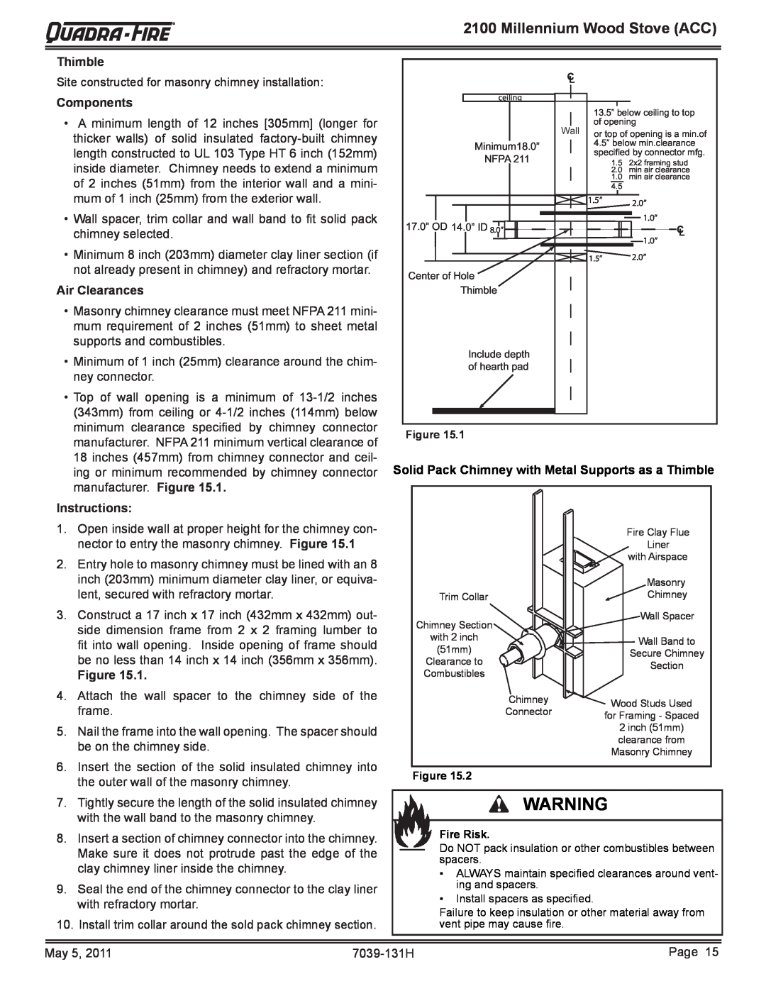 Quadra-Fire 21M-ACC owner manual Millennium Wood Stove ACC, Thimble, Components, Air Clearances, Instructions 