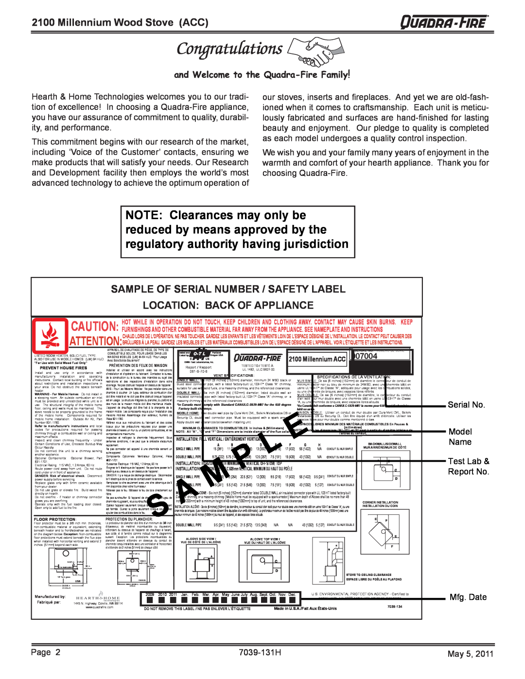 Quadra-Fire 21M-ACC Millennium Wood Stove ACC, Sample Of Serial Number / Safety Label, Location Back Of Appliance 